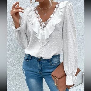 Boho white Swiss dot lace insert blouse